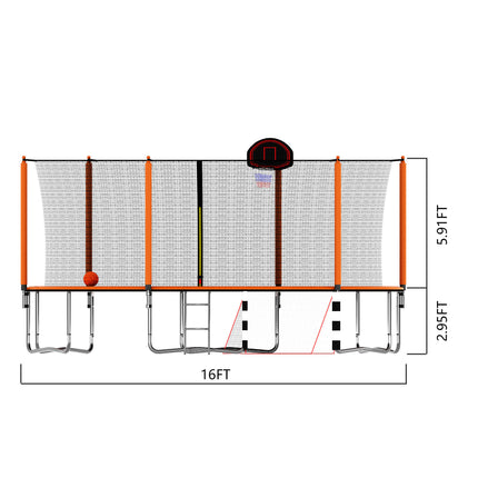 BA39- 16FT Trampoline with Basketball Hoop pump and Ladder(Inner Safety Enclosure) with soccer goal orange - Likeshoppe 