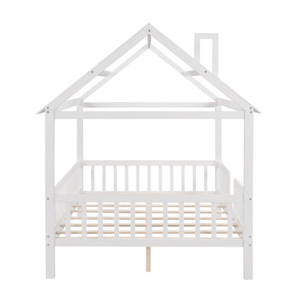 AS32- Full Size Wood House Bed with Fence - Likeshoppe 