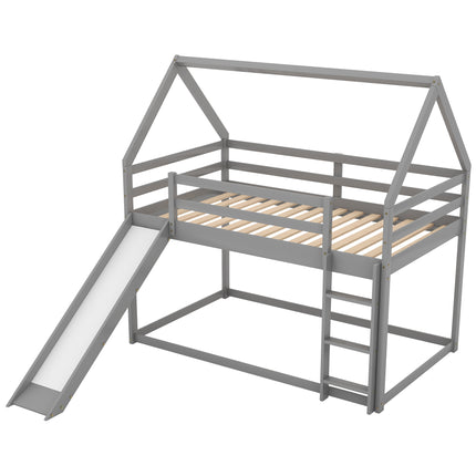 AS33- Twin Size Bunk House Bed with Slide and Ladder - Likeshoppe 