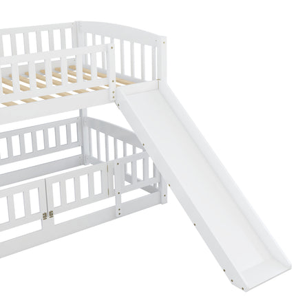 AS25- Bunk Bed with Slide; Twin Over Twin Low Bunk Bed with Fence and Ladder for Toddler Kids Teens - Likeshoppe 