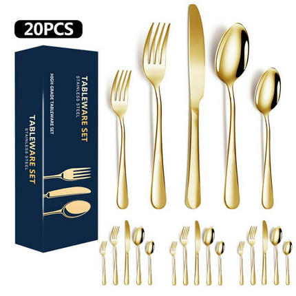 BP14- Golden Silverware Set 20 Pieces Stainless Steel Flatware Set, Kitchen Utensil Set Service for 5, Tableware Cutlery Set for Home & Restaurant, Dishwasher Safe - Likeshoppe 