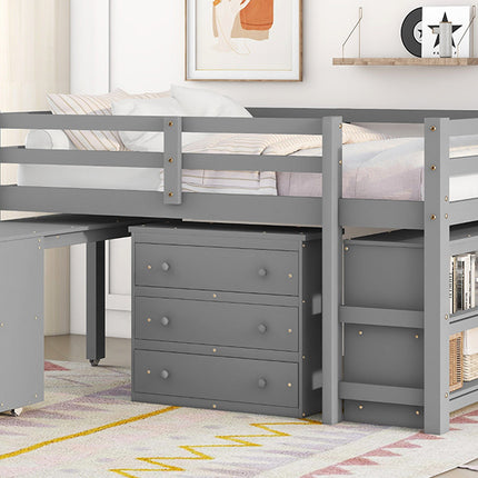 AS1- Low Study Full Loft Bed with Cabinet ; Shelves and Rolling Portable Desk ; Multiple Functions Bed - Likeshoppe 