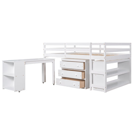 AS1- Low Study Full Loft Bed with Cabinet ; Shelves and Rolling Portable Desk ; Multiple Functions Bed - Likeshoppe 