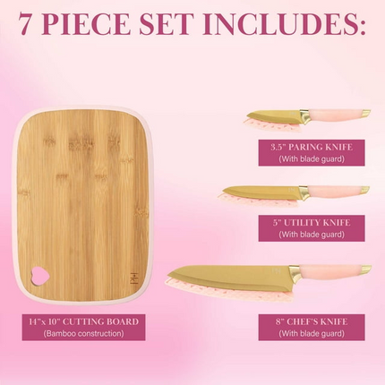 BV2- Paris Hilton 7-Piece Reversible Bamboo Heart Cutting Board and Stainless Steel Cutlery Set, Pink - Likeshoppe 