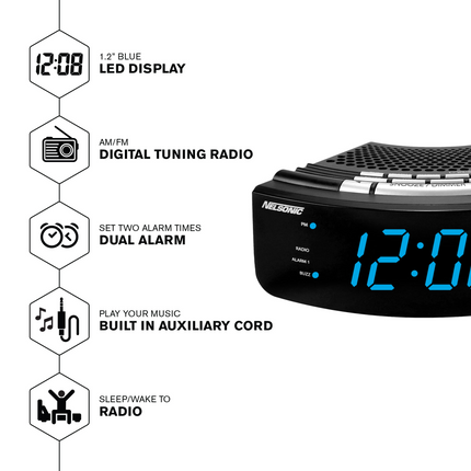 CH26- NELSONIC Digital AM/FM Clock Radio with Built in Aux Cord, Black with Blue LED Display - Likeshoppe 