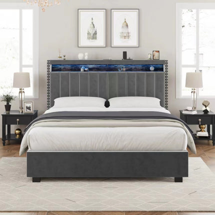 BR11- Luxury Gas Lift Storage Bed with RF LED Lights, Storage Headboard ,QUEEN Size ,Velvet Grey - Likeshoppe 